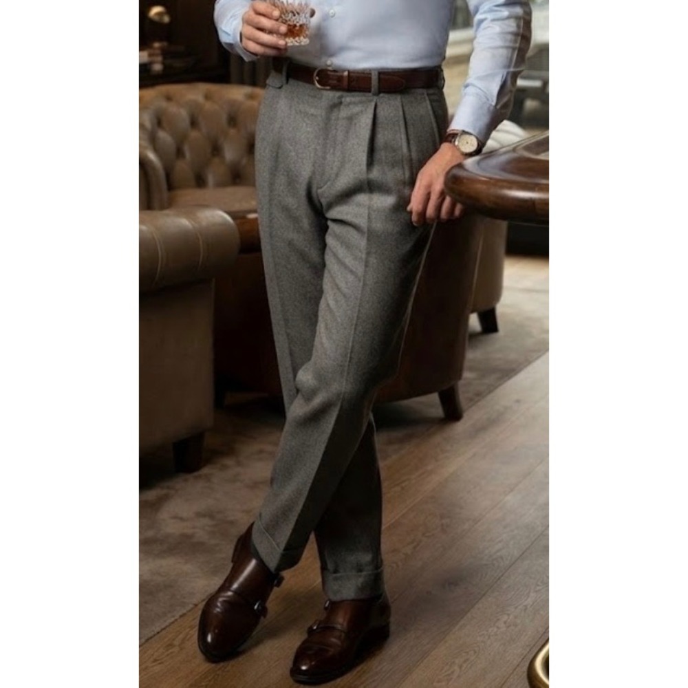 Oxxford Clothes Mens Grey Wool Double Pleated Cuffed Dress Pants Trousers 39x28